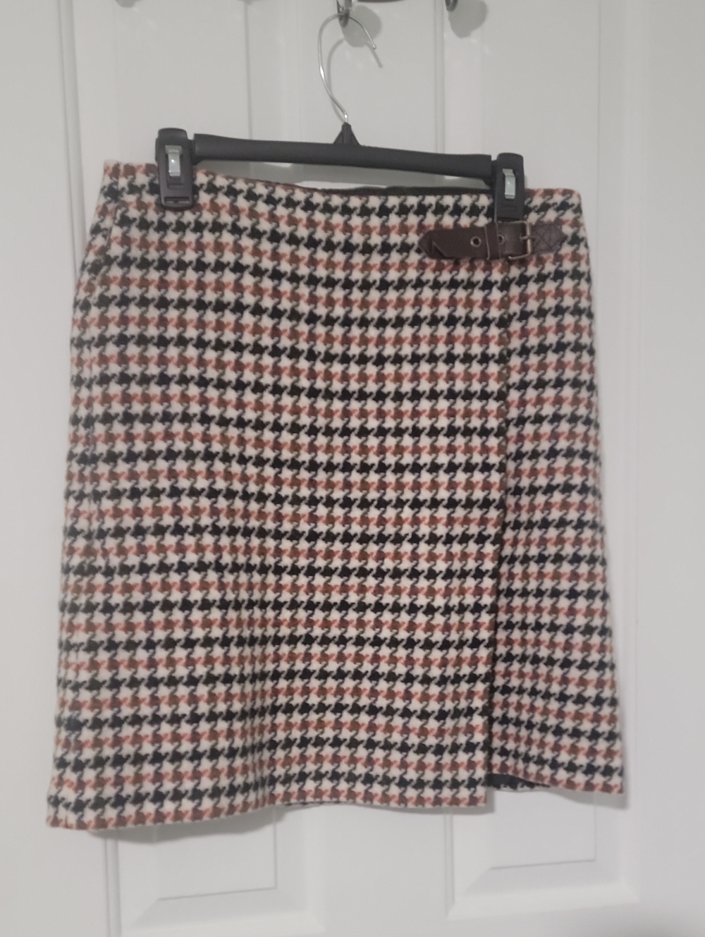 Boden British Tweed By Moon Lined 100% Wool  Houndstooth Faux Wrap Skirt Size 8